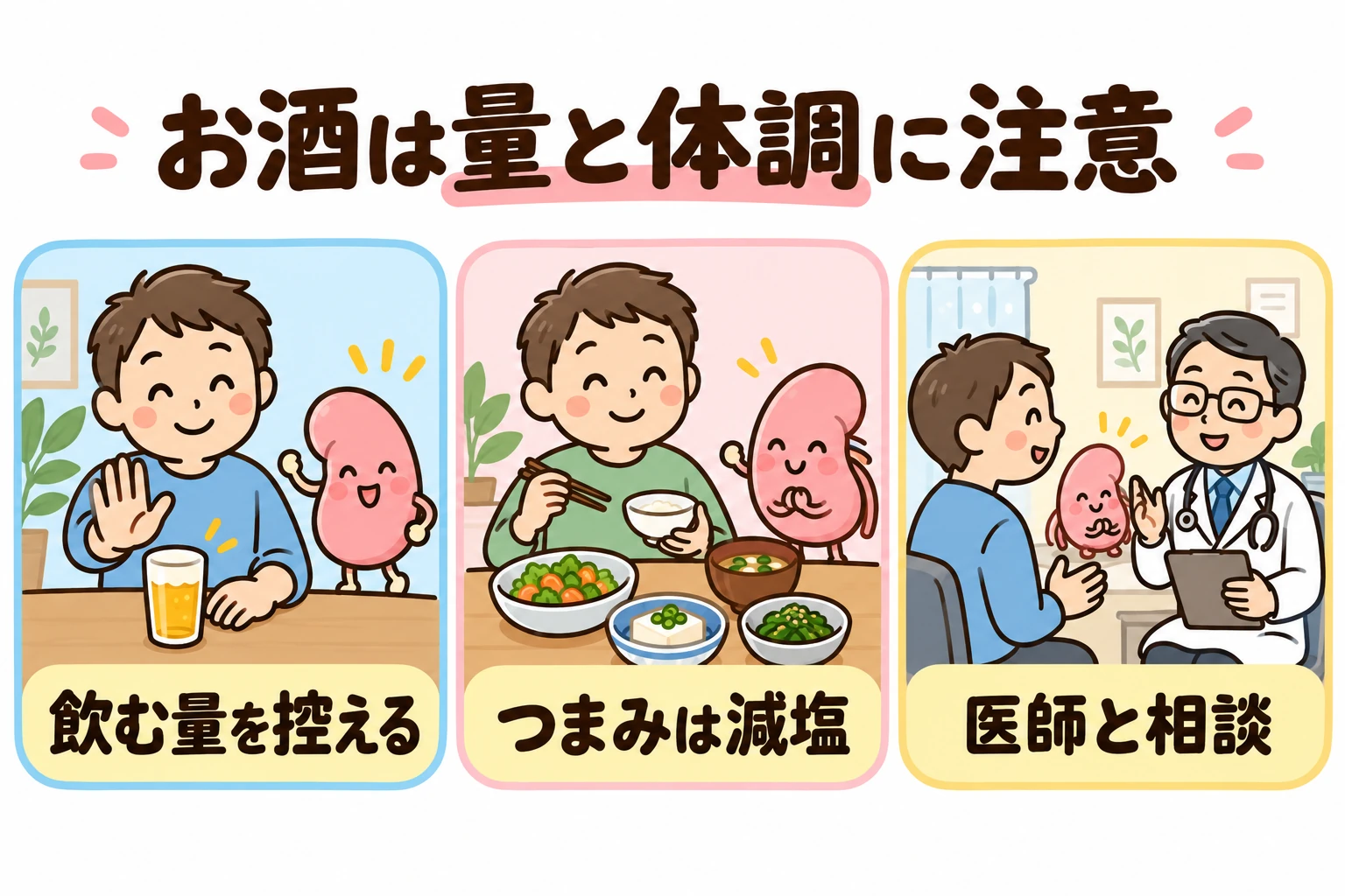 お酒の量と度数、塩分・脂肪の多いつまみを確認し、持病に合わせて飲酒について医師に相談する様子