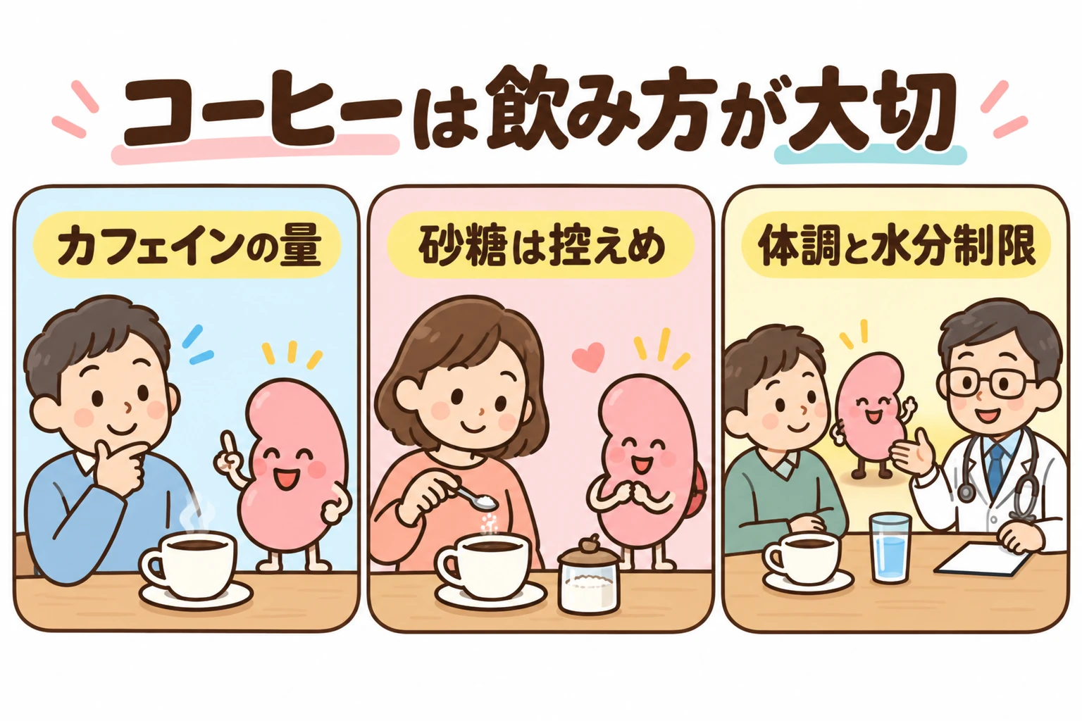 コーヒーを楽しみながら、カフェイン量、血圧、砂糖やクリーム、飲み物全体の量を確認する様子