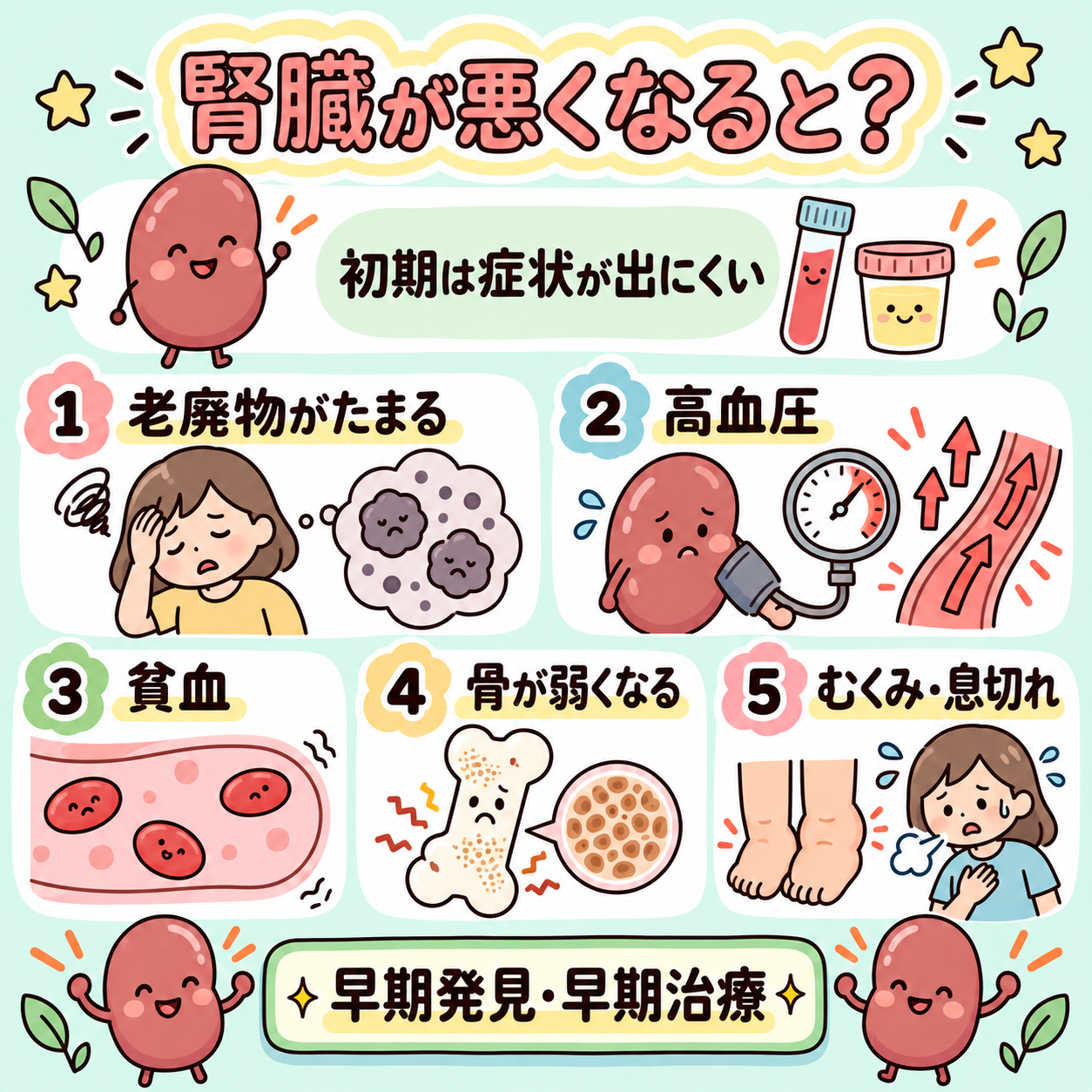 腎機能の低下と、むくみ・高血圧・貧血・骨への影響を示す図