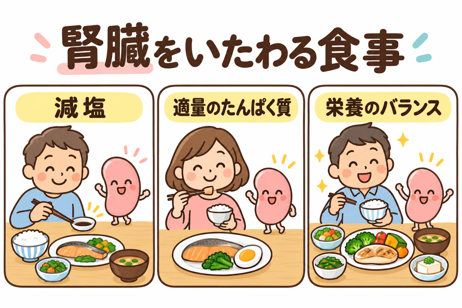 腎臓を守る食事の基本:減塩、適量のたんぱく質、十分な栄養、検査に合わせた調整