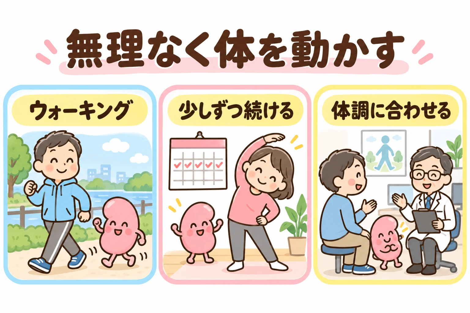 無理のないウォーキングや体操を少しずつ続け、運動量を医師と相談する様子