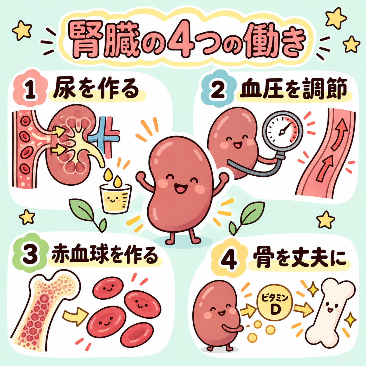 腎臓の働き。尿を作る、血圧を調節する、赤血球を作るホルモンを出す、ビタミンDを活性化する様子