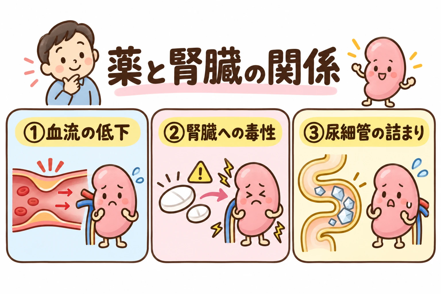薬が腎臓に影響する3つの仕組み:血流の低下、細胞への障害、尿細管の詰まり
