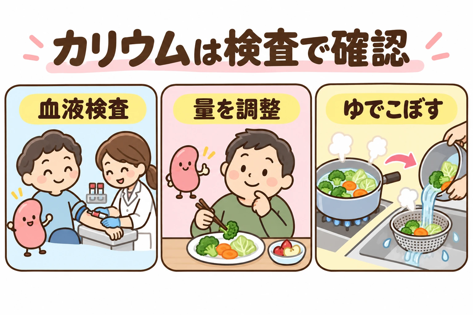 カリウムを排出する腎臓の働きと、採血での確認、野菜の水さらし・ゆでこぼし、果物の量の調整を示す図