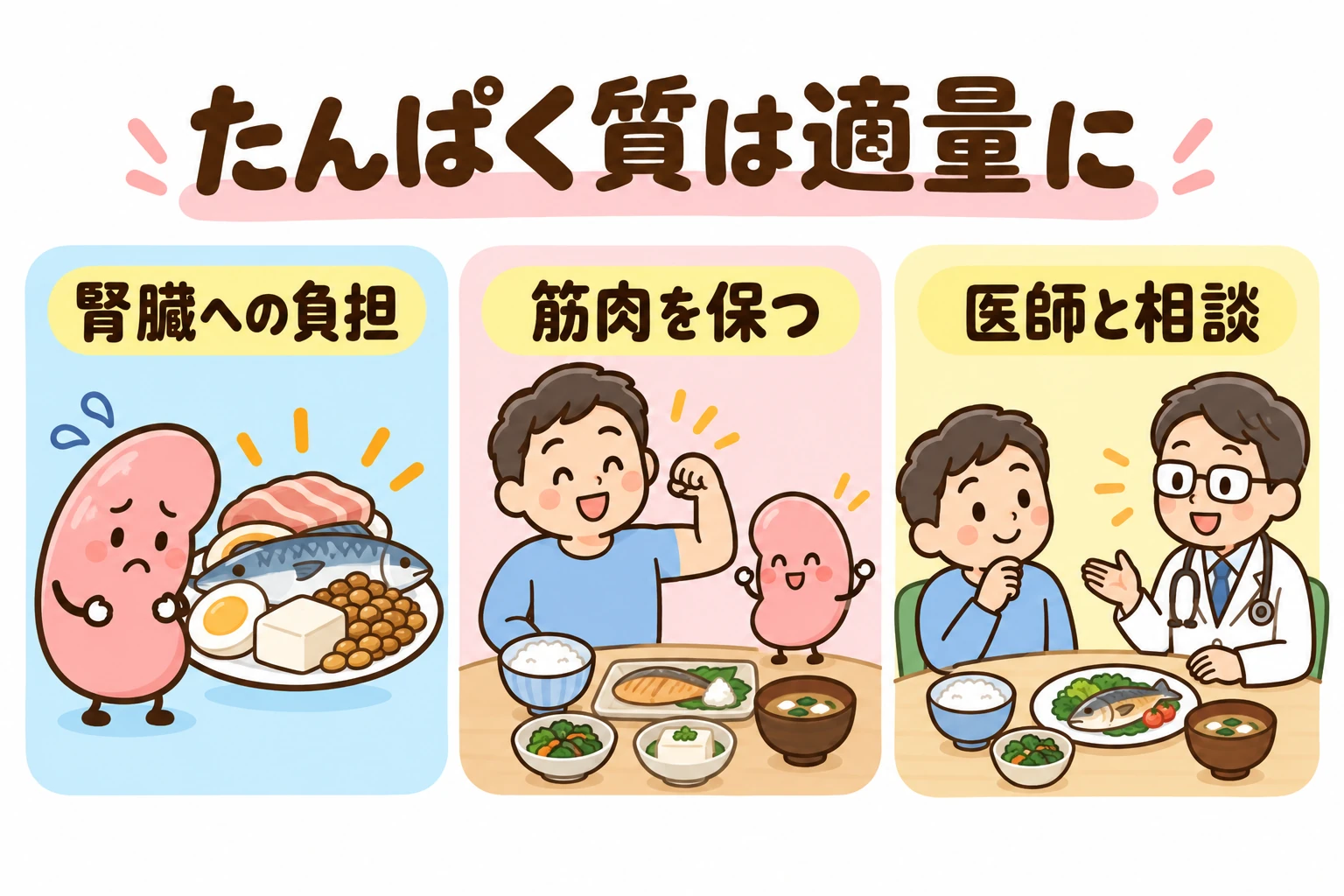 たんぱく質は適量が大切:体の材料になり、老廃物は腎臓から排出され、過不足に注意する