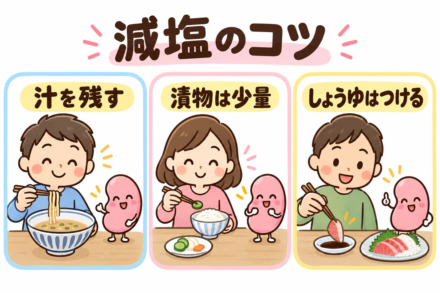 減塩の3つのコツ:汁を残す、漬物の量を決める、しょうゆはかけずにつける