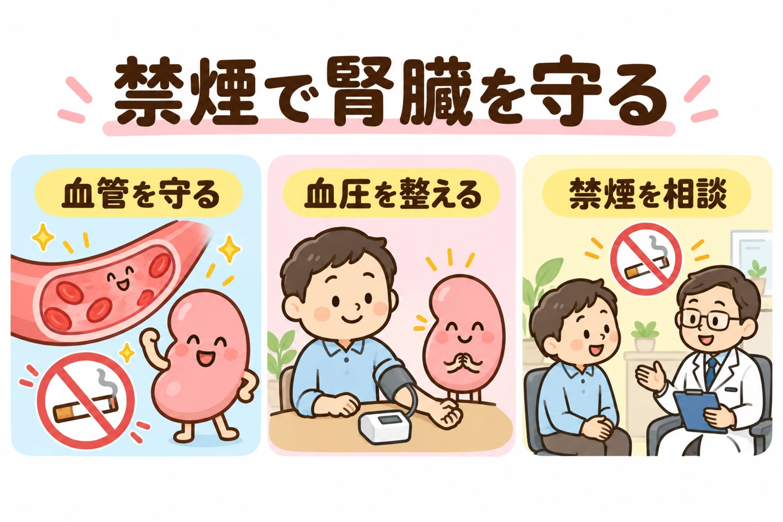 喫煙が血管・血圧・腎臓に負担をかけ、禁煙が将来のリスク低下につながることを示す図